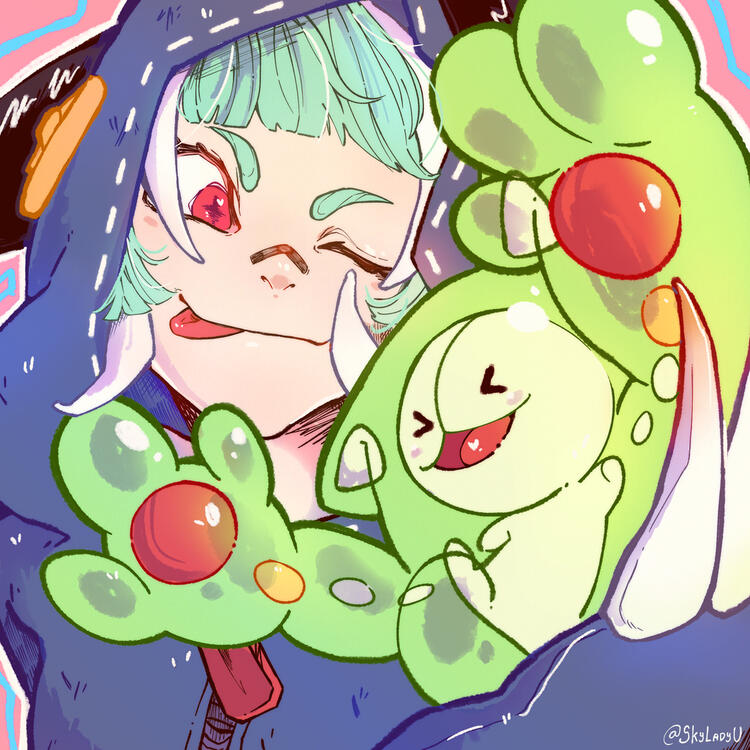 Illustration of the character Guitar and the Pokemon Reuniclus.